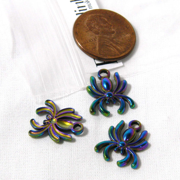 Rainbow Color Ion Plated over 201 Grade Stainless Steel Metal 15mm Spider Bug Charm Pendants~Sold Individually