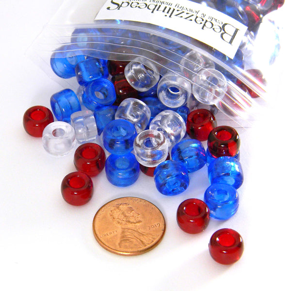 Transparent Red, White (clear) & Blue Patriotic Themed USA 9mm x 6mm Barrel Shaped Plastic Acrylic Pony Beads with a Big Hole for July 4th Jewelry~Sold in Increments of 200