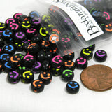 Black Plastic Acrylic 7mm Round x 4mm Thick Coin Beads with Assorted Mix of Engraved Bright Fluorescent Colored Smile Faces~Sold in 100 piece increments