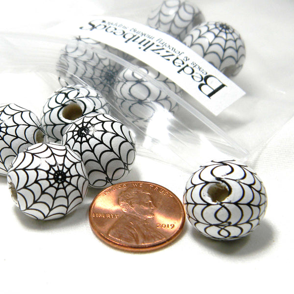 Big 16mm Round Spiderweb Wood Beads with Large 4mm Hole & Spider Webs on Natural Wooden Beads~Sold Individually