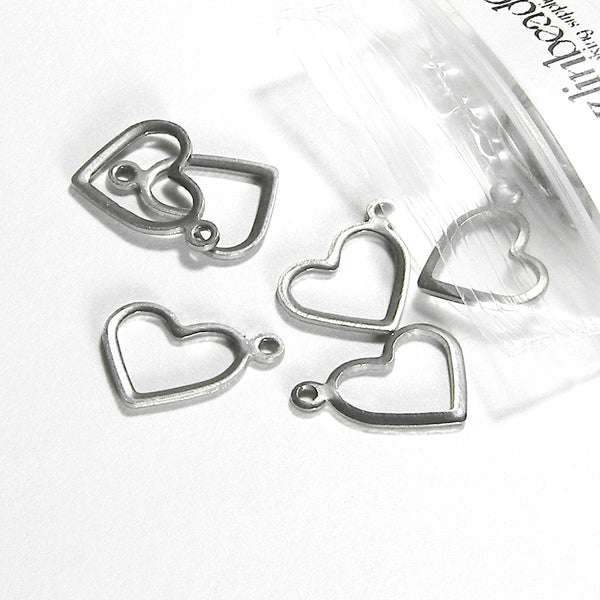 Surgical 304 Grade Stainless Steel Silver 1/2 inch Open Hollow Diagonal Heart Charms With Loop~Sold Individually