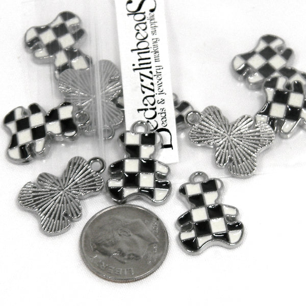 Black & White Gingham Teddy Bear Checkered Flag Racing Checkerboard Race Finish Line Lap Pendant Charms ~ Sold Individually