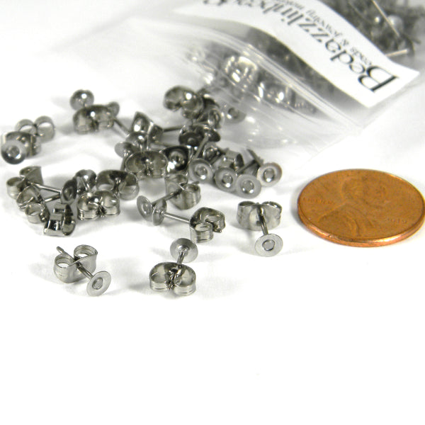 Titanium Post Earring Findings with Stainless Steel 4mm Flat Pad & Backings for Stud Ear Rings~Sold in Pairs