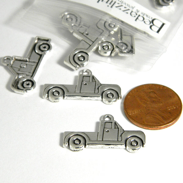 Antiqued Silver Plated Pewter Metal 1 x 5/8 inch Old Antique Pick Up Truck Jewelry Charms with Loop Ring for Hanging~Sold Individually