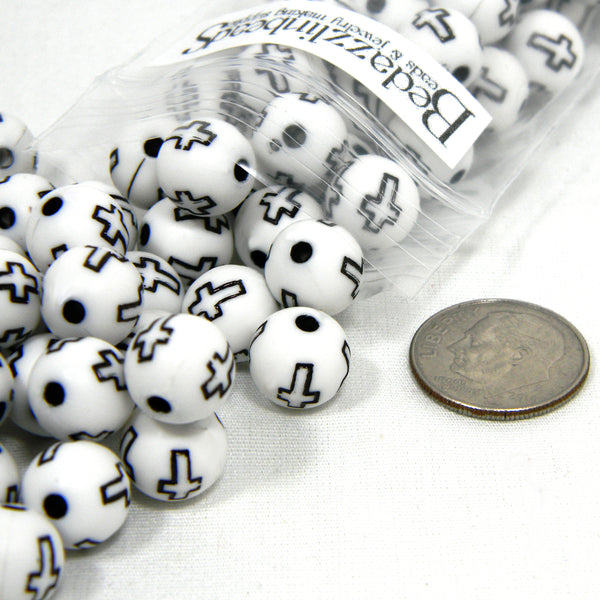 Big 10mm White & Black Plastic Acrylic Cross Chunky Ball Beads with Engraved Christian Crosses~Sold Individually