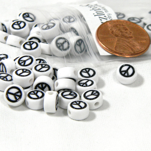 White Plastic Acrylic with Black Enamel 7mm Flat Round  Peace Sign Symbol Coin Beads for Jewelry & Crafts~Sold Individually