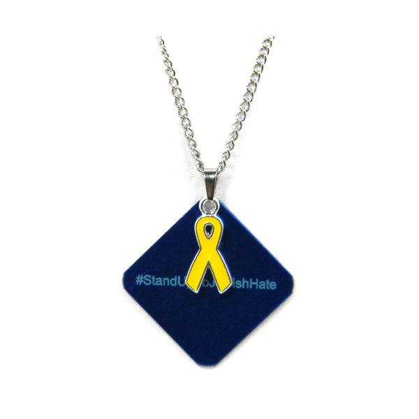 Engraved # Stand Up To Jewish Hate Blue Square Hypoallergenic Stainless Steel Silver Chain Necklace with Yellow Awareness Ribbon Charm ~ Sold Individually