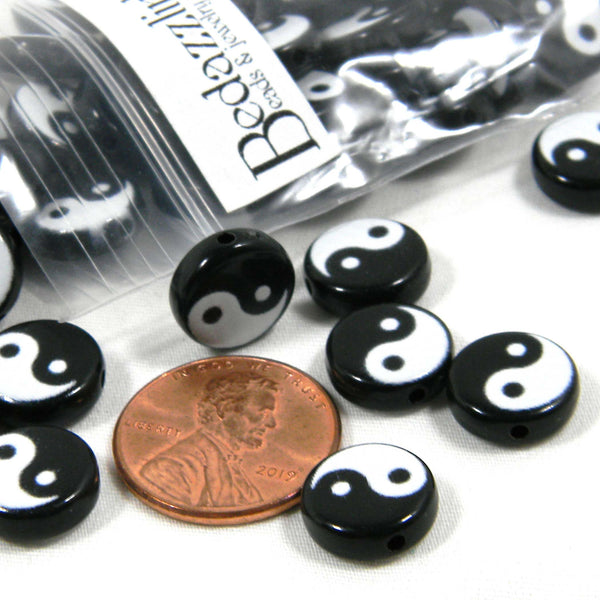 50 Black & White 11mm Round 3.5mm Thick Yin and Yang Plastic Acrylic Yinyang Flat Coin Beads with 1.2mm Hole~Sold Individually