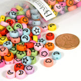 100 Assorted Bright Colored Plastic Acrylic 7mm x 4mm Flat Round Coin Beads with Engraved Flowers, Hearts, Moons, Stars