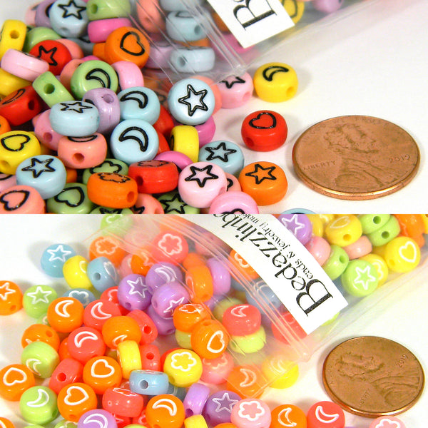100 Assorted Bright Colored Plastic Acrylic 7mm x 4mm Flat Round Coin Beads with Engraved Flowers, Hearts, Moons, Stars