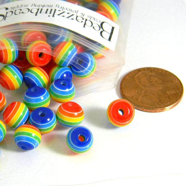 Rainbow Stripe 8mm Round Plastic Acrylic Resin Beads With Opaque Striped Lines Ending in Blue~Sold Individually