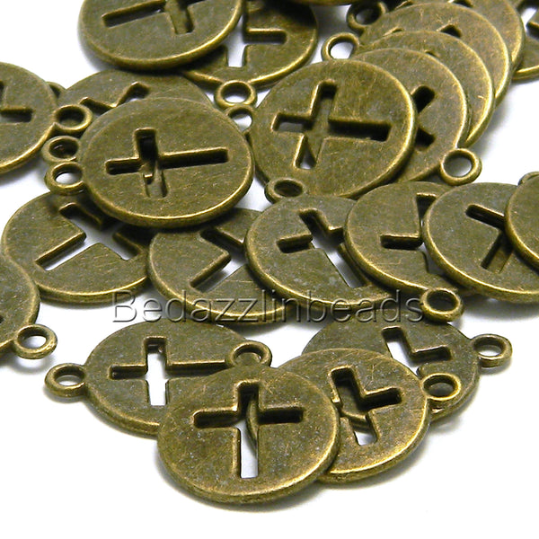 Antique Bronze Cut Out Cross 5/8 in Flat Round Coin Charms Pewter Base Metal~Sold Individually
