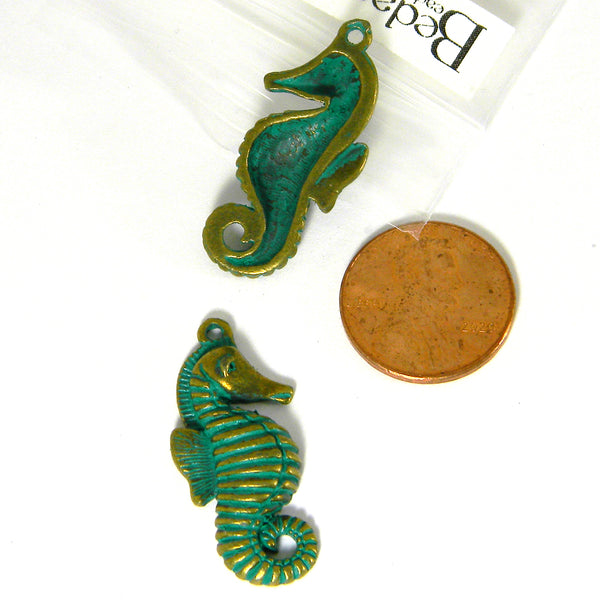 Antique Bronze & Green Patina 1 1/4 inch Seahorse Ocean Fish Pendant Charms with a Textured Pewter Base Metal~Sold Individually
