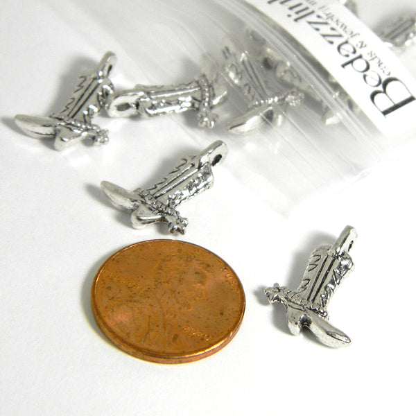 Small Antique Silver Plated 17mm Metal Cowboy or Cowgirl 3D Boots with Spur Pendant Charms with Top Loop for Hanging on Jewelry~Sold Individually