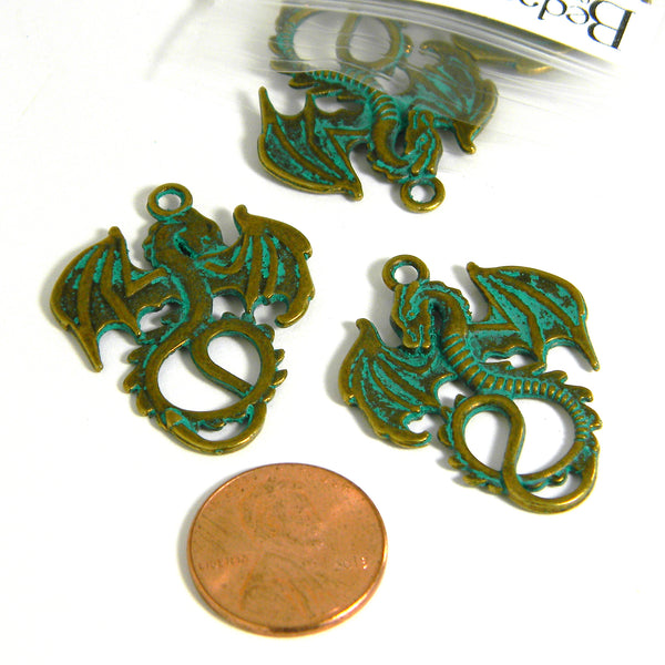 Big Antique Bronze & Green Patina Flying Winged Dragon Metal Pendant Charms~Sold Individually