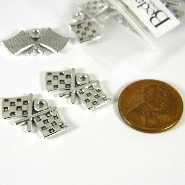 Antique Silver Plated Pewter 1/2 Inch x 7/8 inch Checkered Finish Line Racing Flag Jewelry Charms~Sold Individually