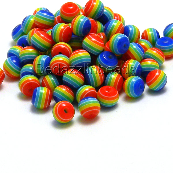 Rainbow Stripe 6mm Round Plastic Acrylic Resin Beads With Opaque Striped Lines~Sold Individually