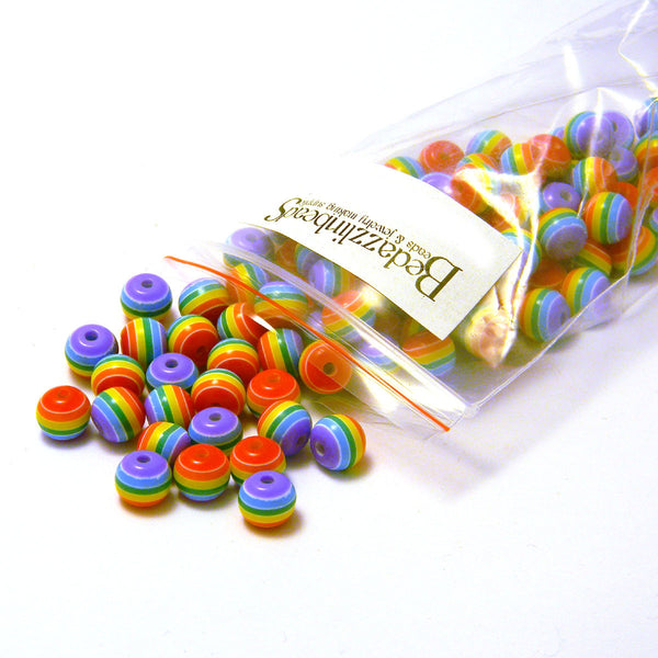 Rainbow Stripe 8mm Round Plastic Acrylic Resin Beads With Opaque Striped Lines~Sold Individually
