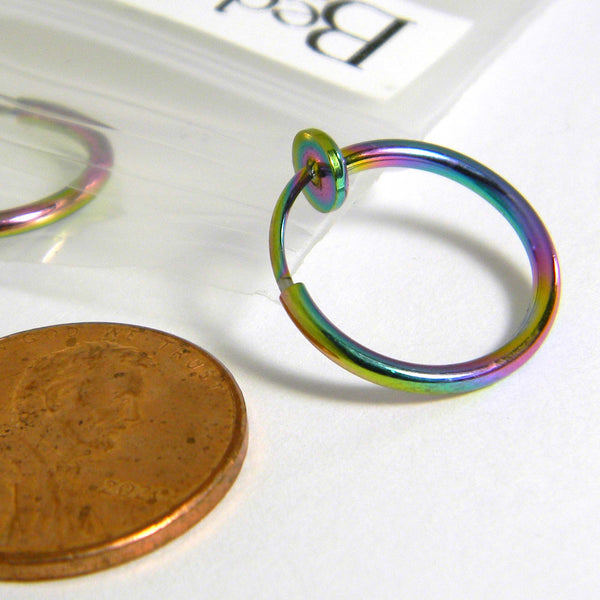 Rainbow Ion 304 Grade Stainless Steel Clip on Hoops with Spring Closure for Fake Hoop Earrings or Body / Nose Piercings~Sold Individually