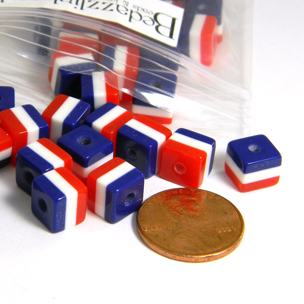 Red White and Blue USA Striped 7mm Square Cube Patriotic Plastic Acrylic Resin Beads with Big 2.3mm Hole~Sold Individually
