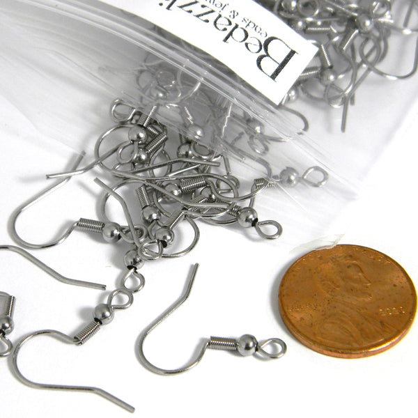 Surgical 304 Grade Hypo-Allergenic Stainless Steel Ball & Coil French Fishhook Hook Earring Jewelry Findings with Loop Ring For Hanging~Sold Individually
